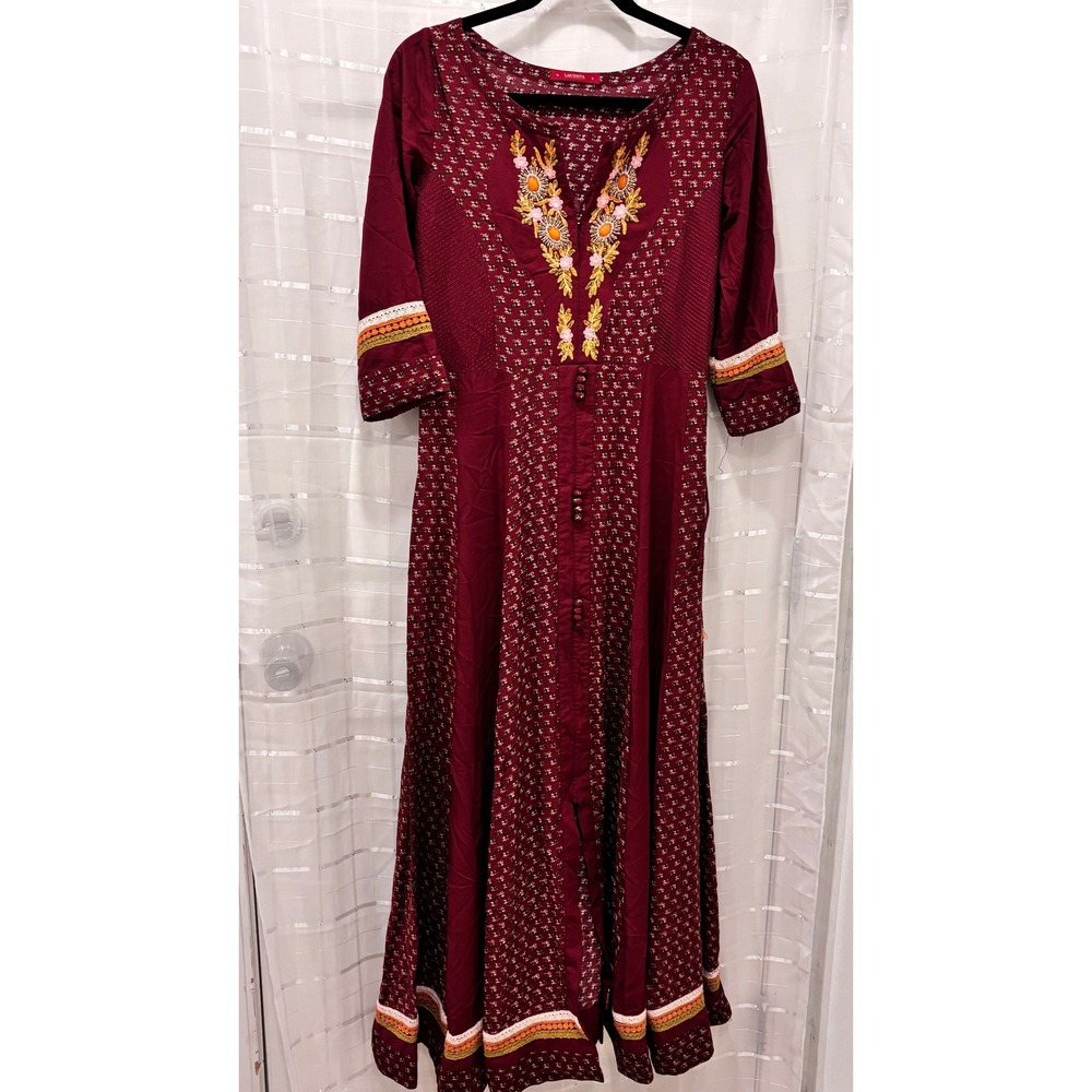 Lakshita Womens Maroon Embroidered Rayon Anarkali Maxi‎ Dress Size S Burgundy